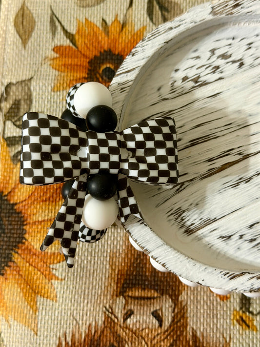 Tumbler Handle Charm - Checkered Bow (Black)