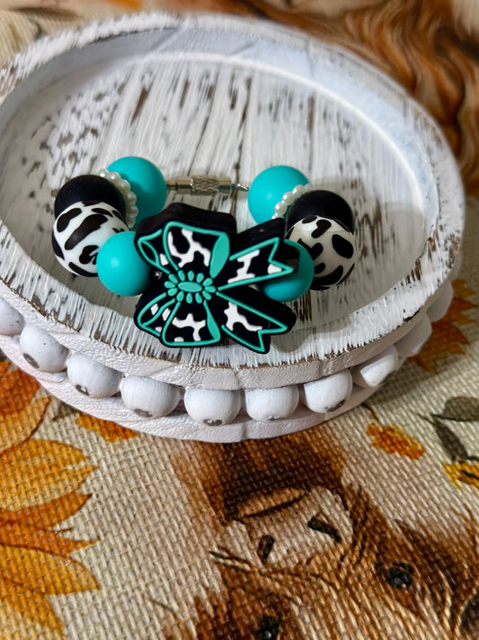 Tumbler Handle Charm - Turqouise Cow Print Bow