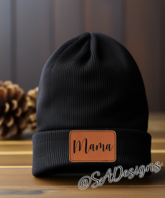 Beanie with Leather ‘Mama’ engraved patch